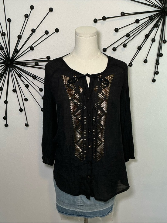 Tops - Black Boho Sheer Embellished Tie Front Blouse Size Medium